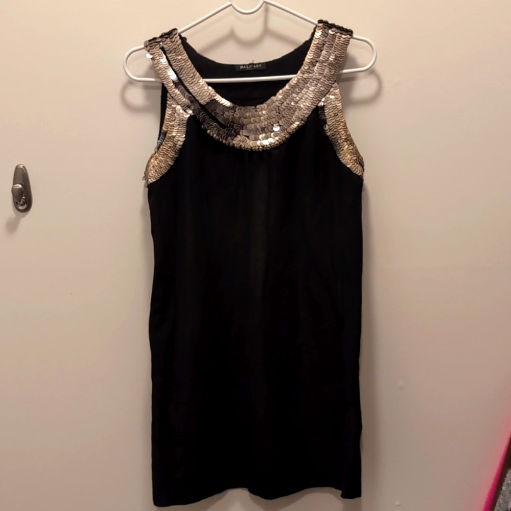 BALMAIN Paris Linen Silk Sleeveless Sequin Dress